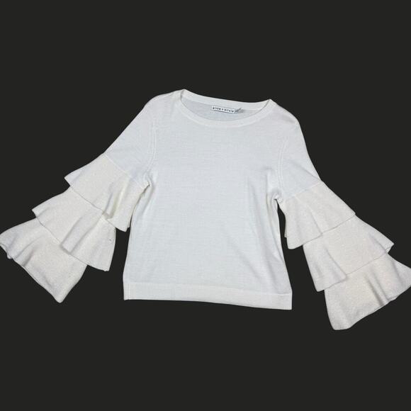 Alice + Olivia Cream Stora Wool Scoop Neck Sweater with Ruffle Bell Sleeves XS - Picture 3 of 8